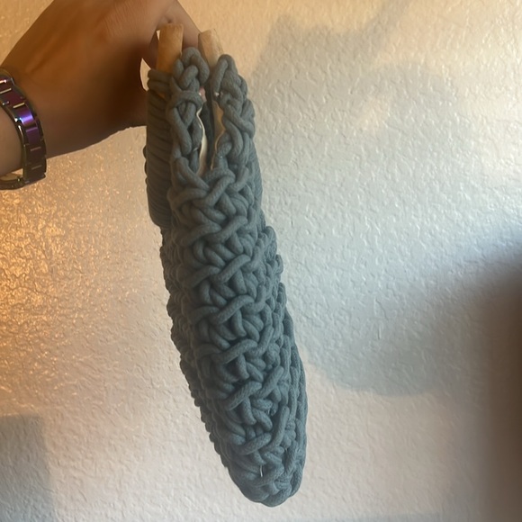 A New Day Blue Macrame/Crocheted Handbag Purse with Wood Handles - Picture 9 of 13